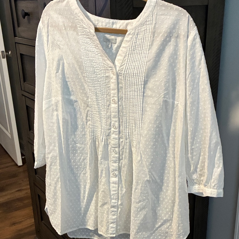 Talbots White Swiss Dot Pintucked Button-Front Blouse